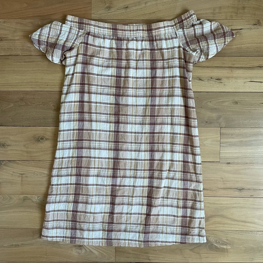 Mo:vint: Beige Plaid Off-The-Shoulder Summer Dress